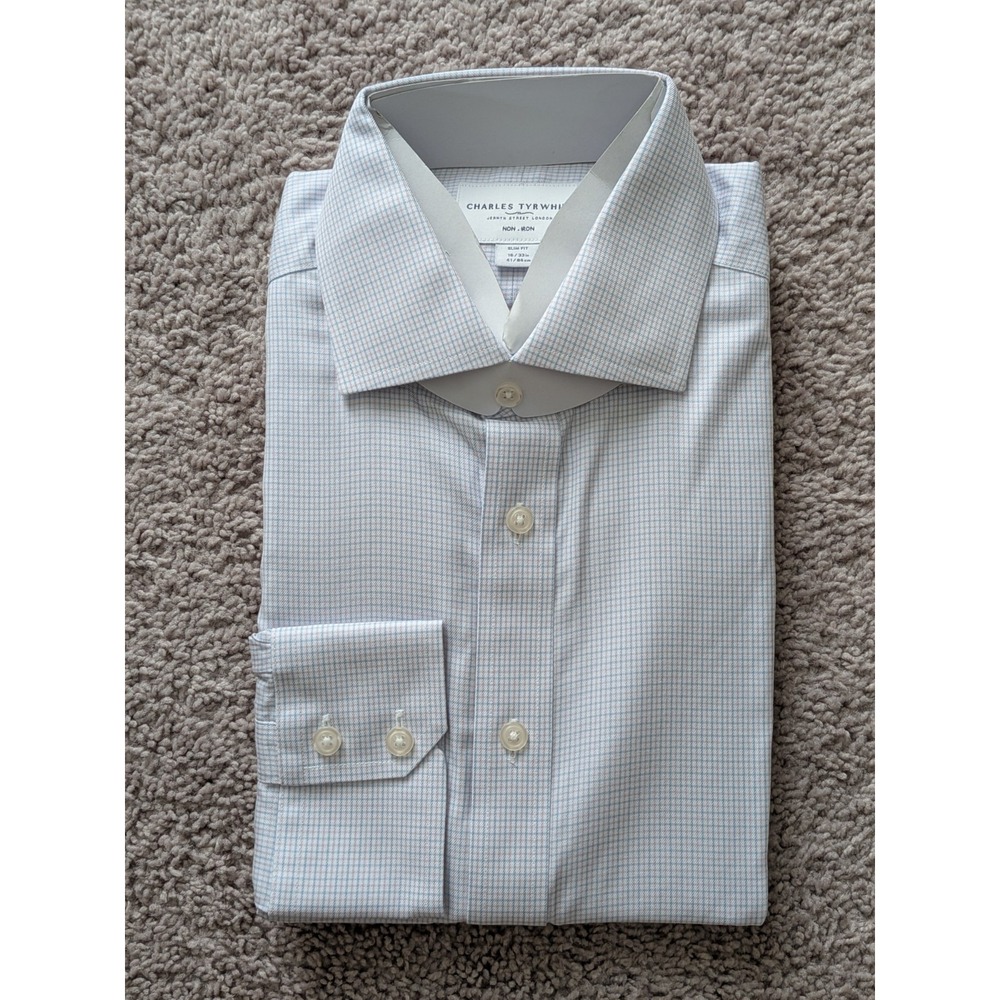 Charles Tyrwhitt Shirt 16/33 Cornflower Blue Tattersall Slim Fit Button Up NWT
